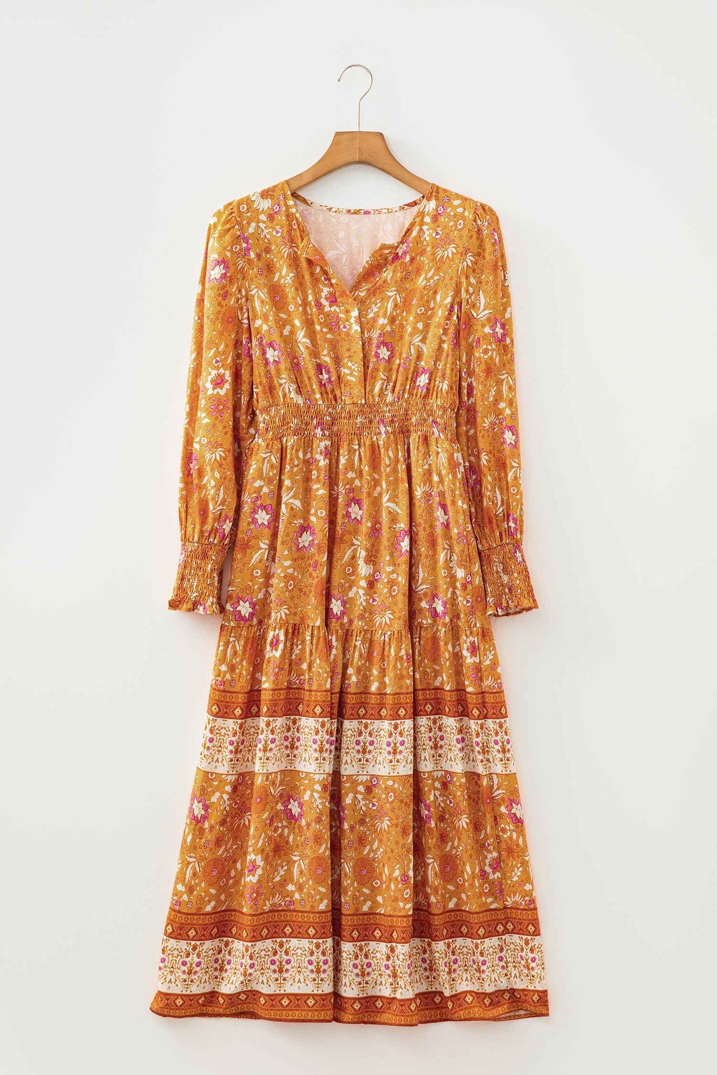 Orange Floral Print Smocked Waist Long Sleeve Boho Maxi Dress