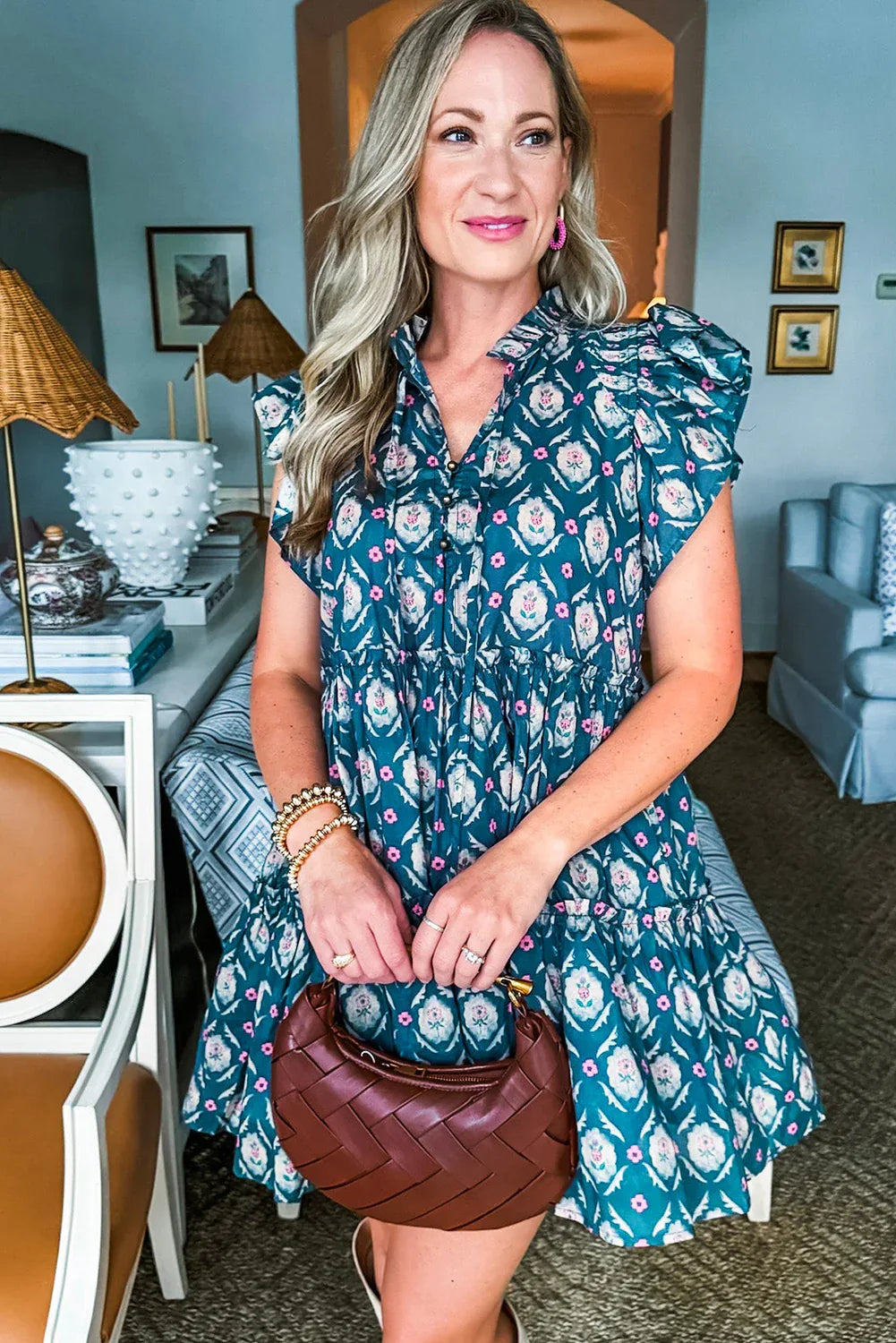 Blue Retro Floral Print Split Neck Ruffle Short Sleeve Dress - MarkoFit