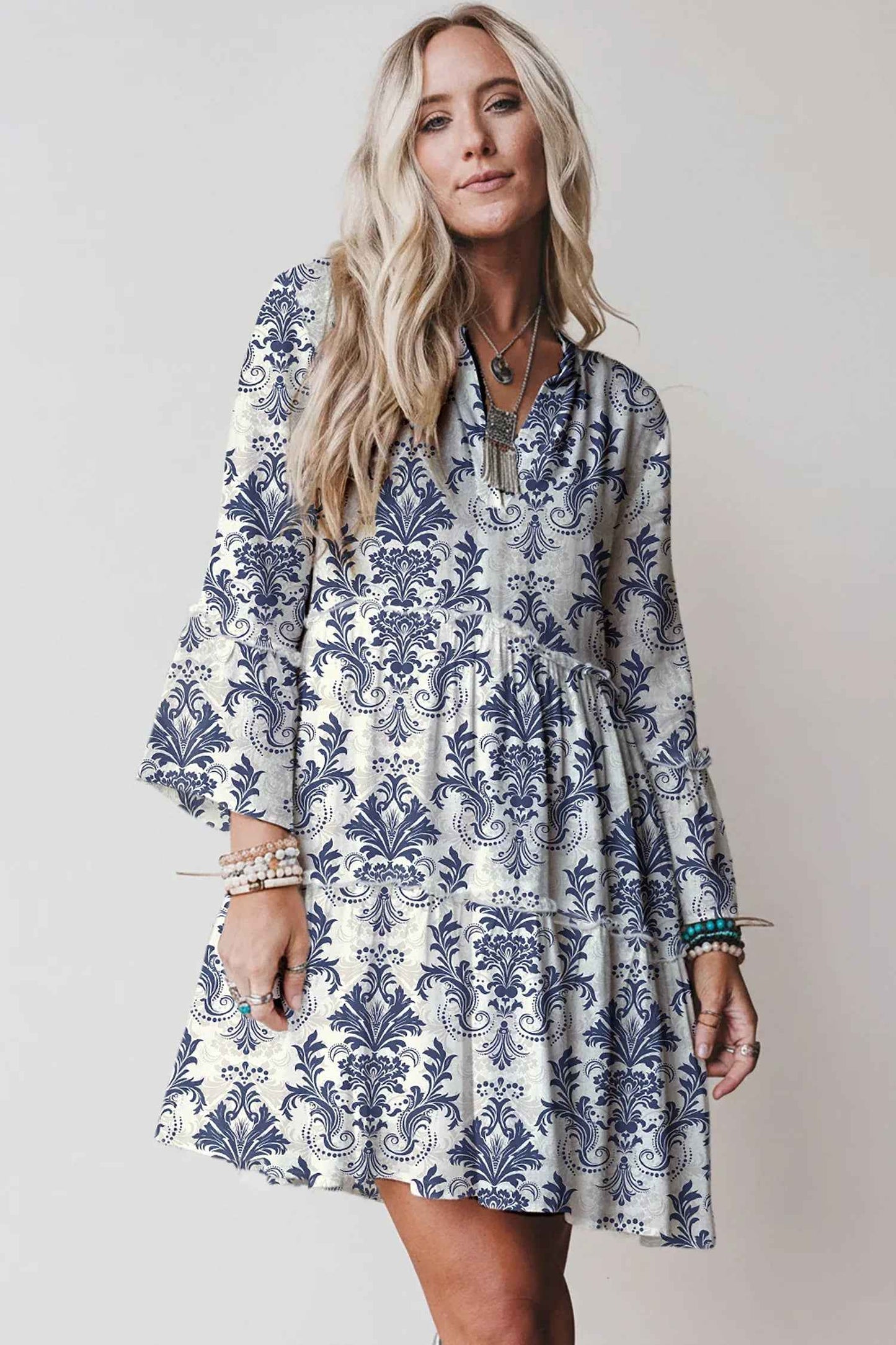 Sky Blue Boho Floral Print Lettuce Trim 3/4 Sleeve Mini Dress - MarkoFit