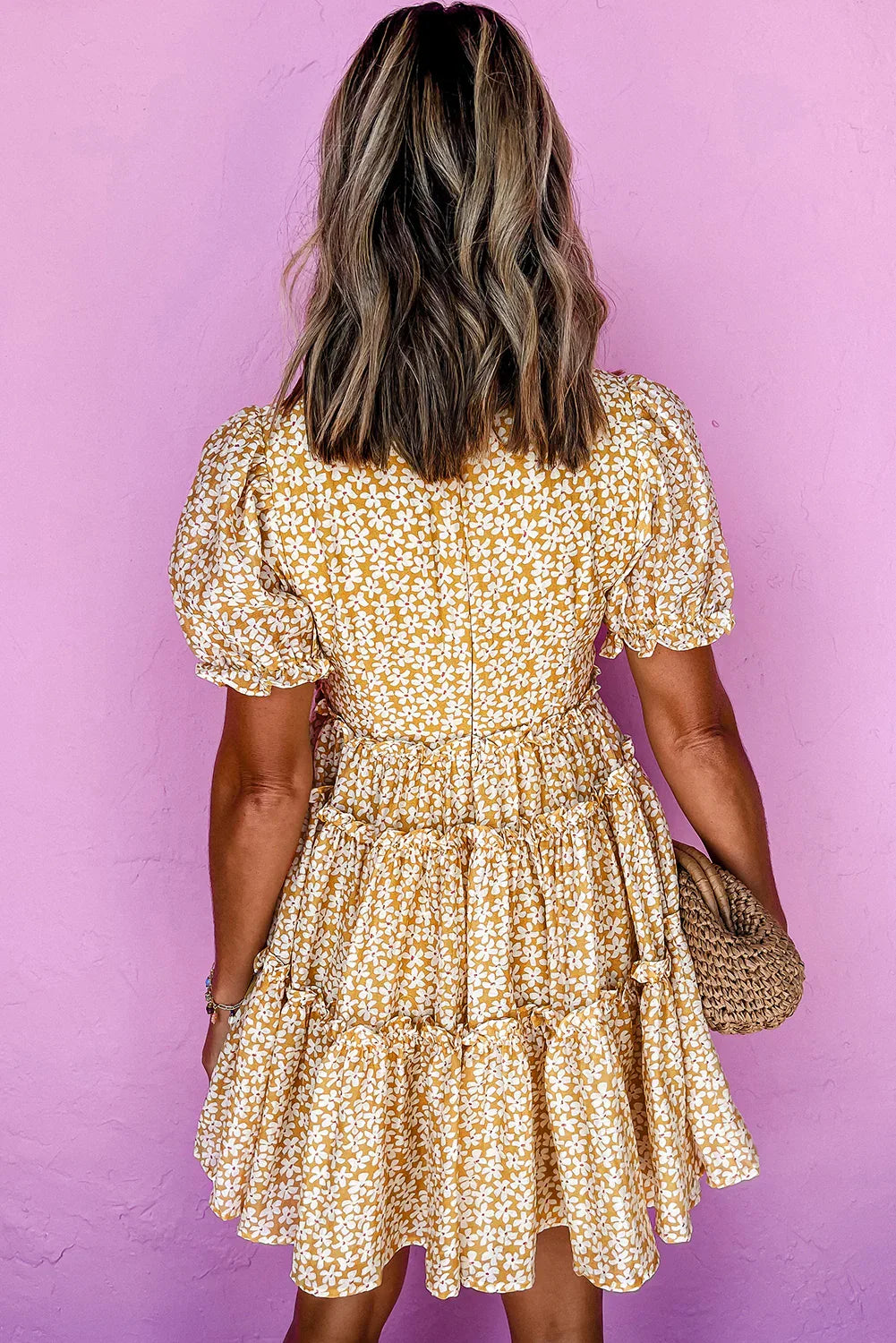 Yellow Floral Short Sleeve V Neck Frilly Tiered Mini Dress - MarkoFit
