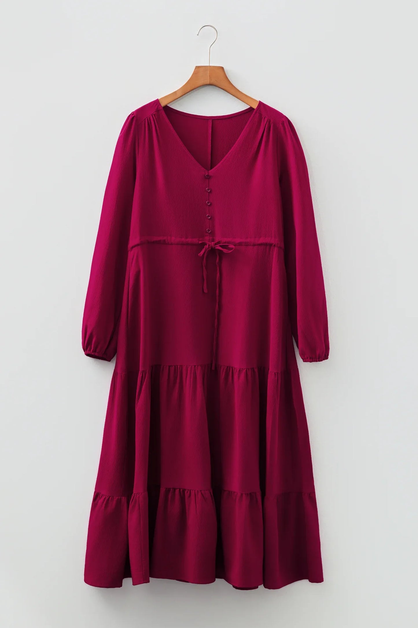 Burgundy Solid Long Sleeve Button V Neck Tiered Maxi Dress - MarkoFit