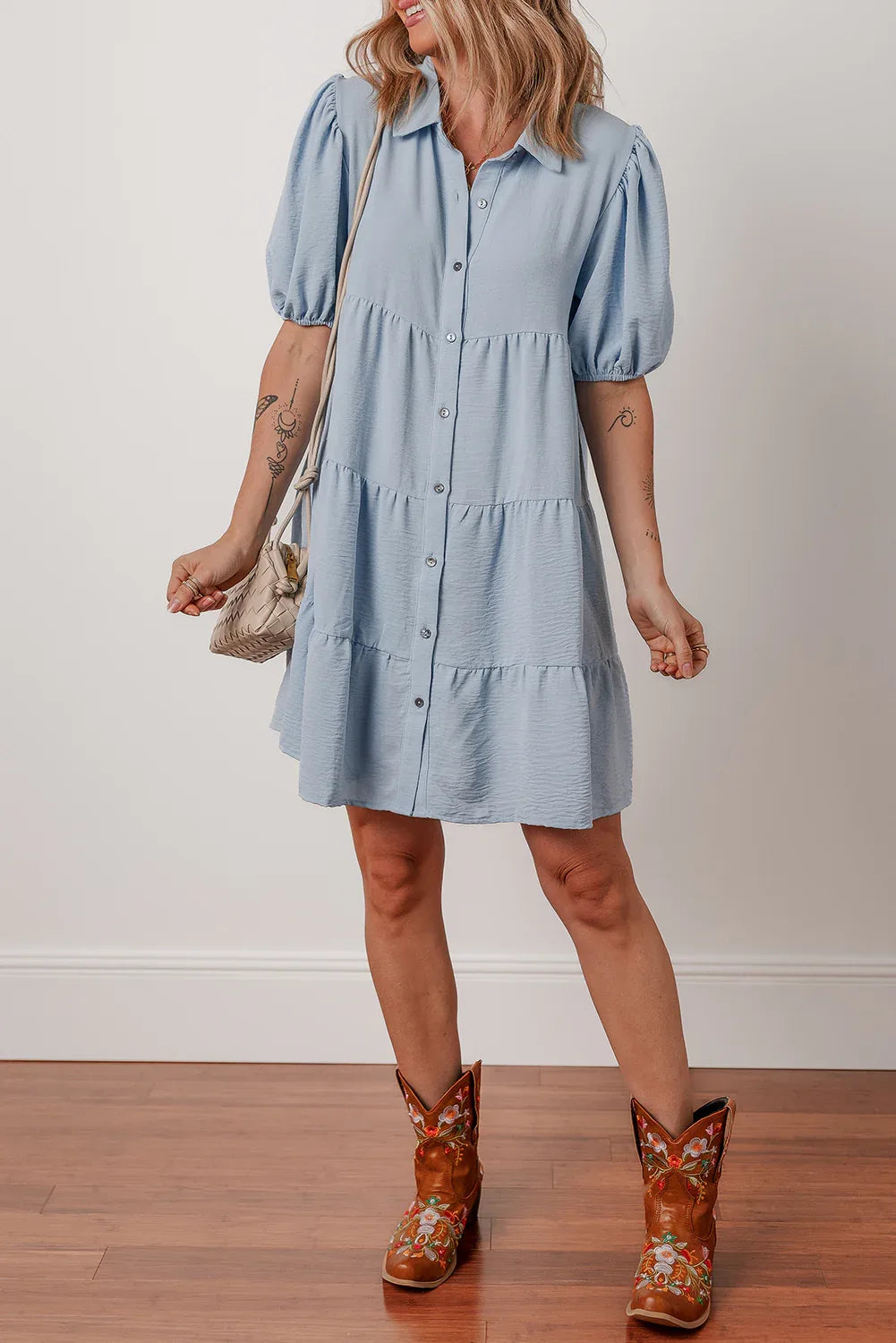 Beau Blue Shirt Collar Button Up Short Puff Sleeve Tiered Shift Dress - MarkoFit