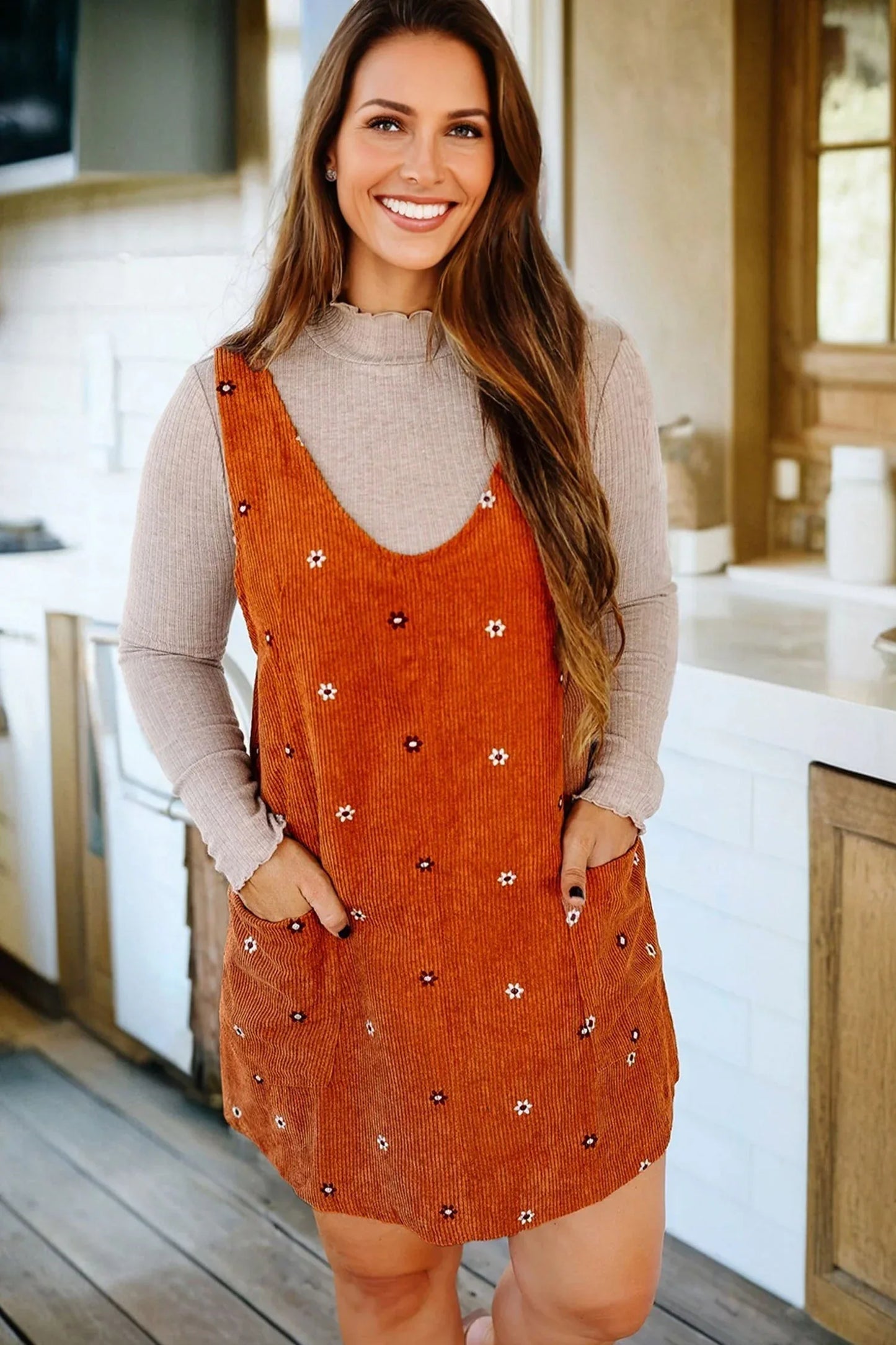 Gold Flame Flower Embroidered Corduroy Overall Mini Dress - MarkoFit