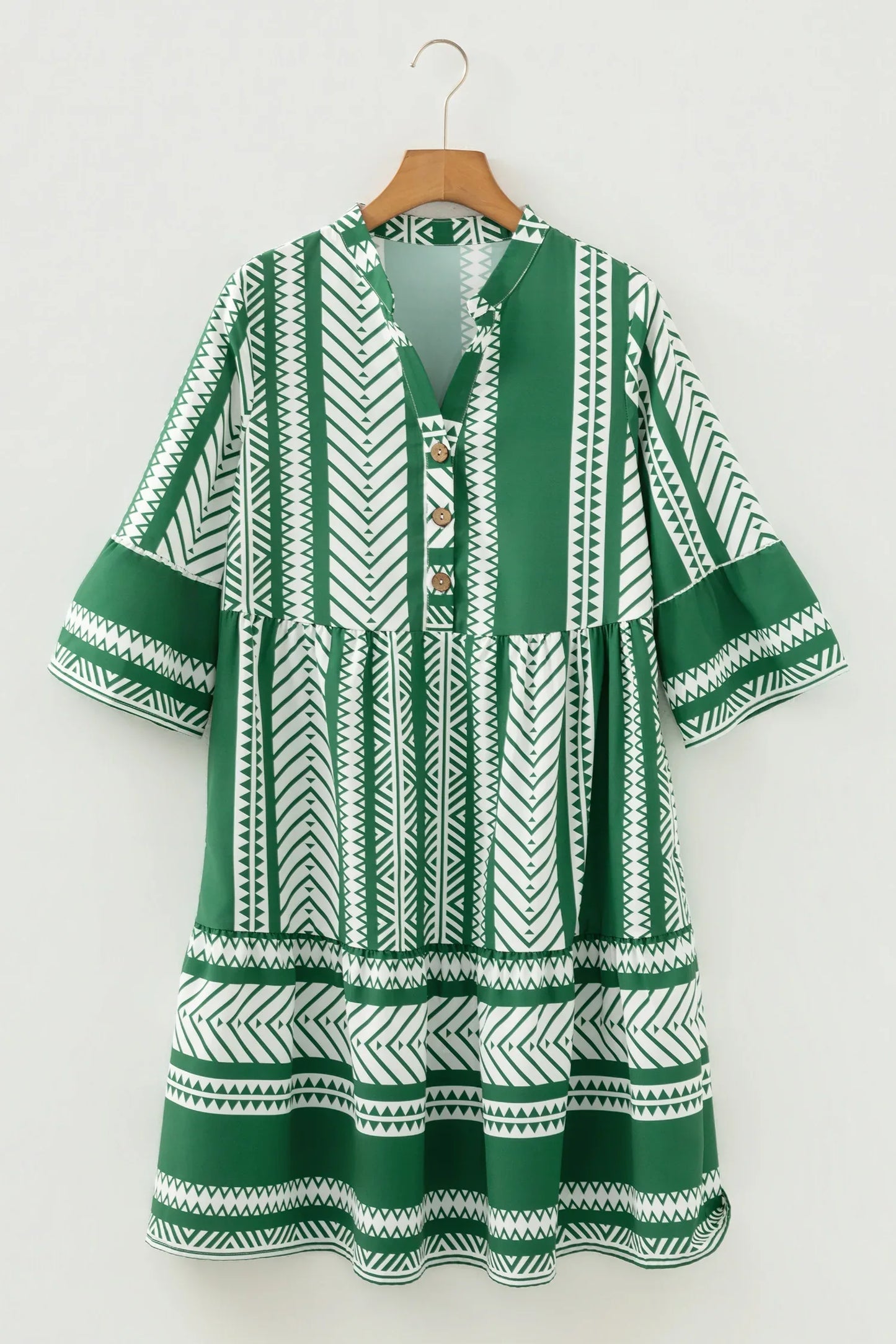 Green Boho Ethnic Print Half Button 3/4 Sleeve Casual Dress - MarkoFit
