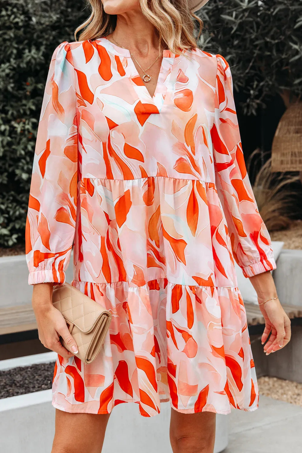 Orange Abstract Print Split Neck Long Sleeve Dress - MarkoFit