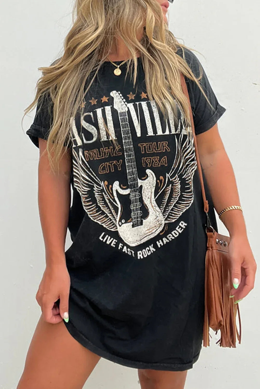 Black Nashville Guitar Print Crew Neck T Shirt Mini Dress - MarkoFit