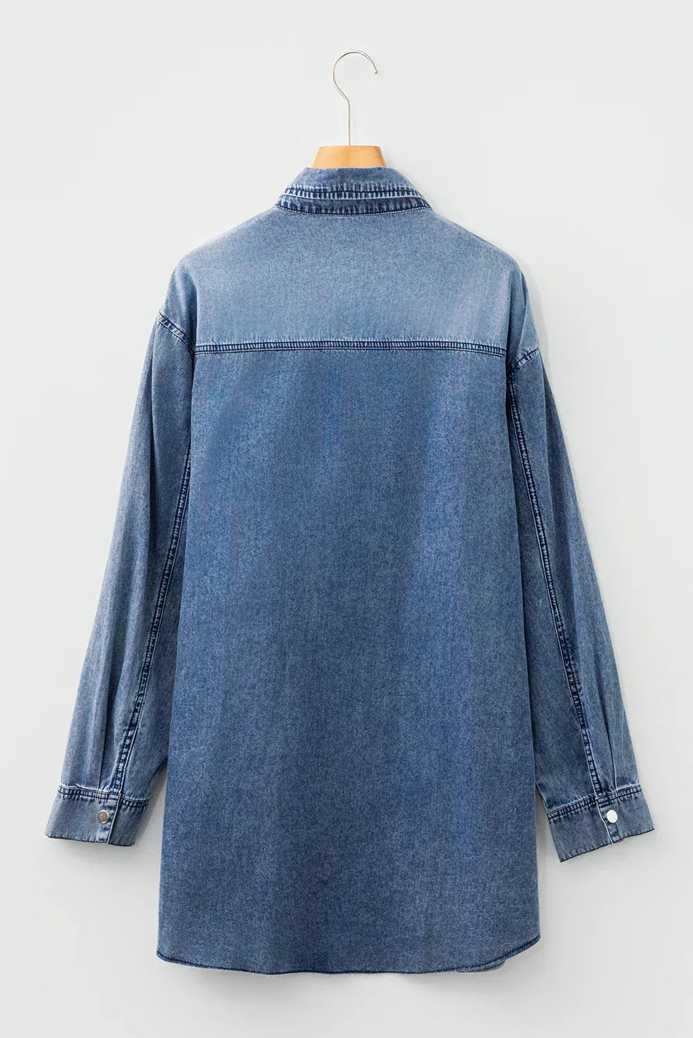 Blue Beau Chest Pocket Raw Hem Denim Loose Shirt Dress - MarkoFit
