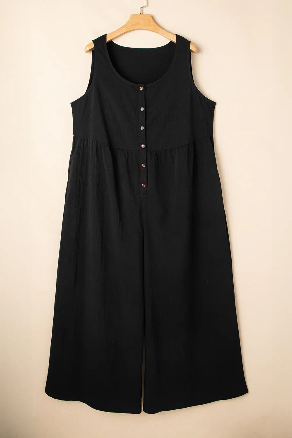 Black Plus Size Sleeveless Button Front Loose Jumpsuit - MarkoFit