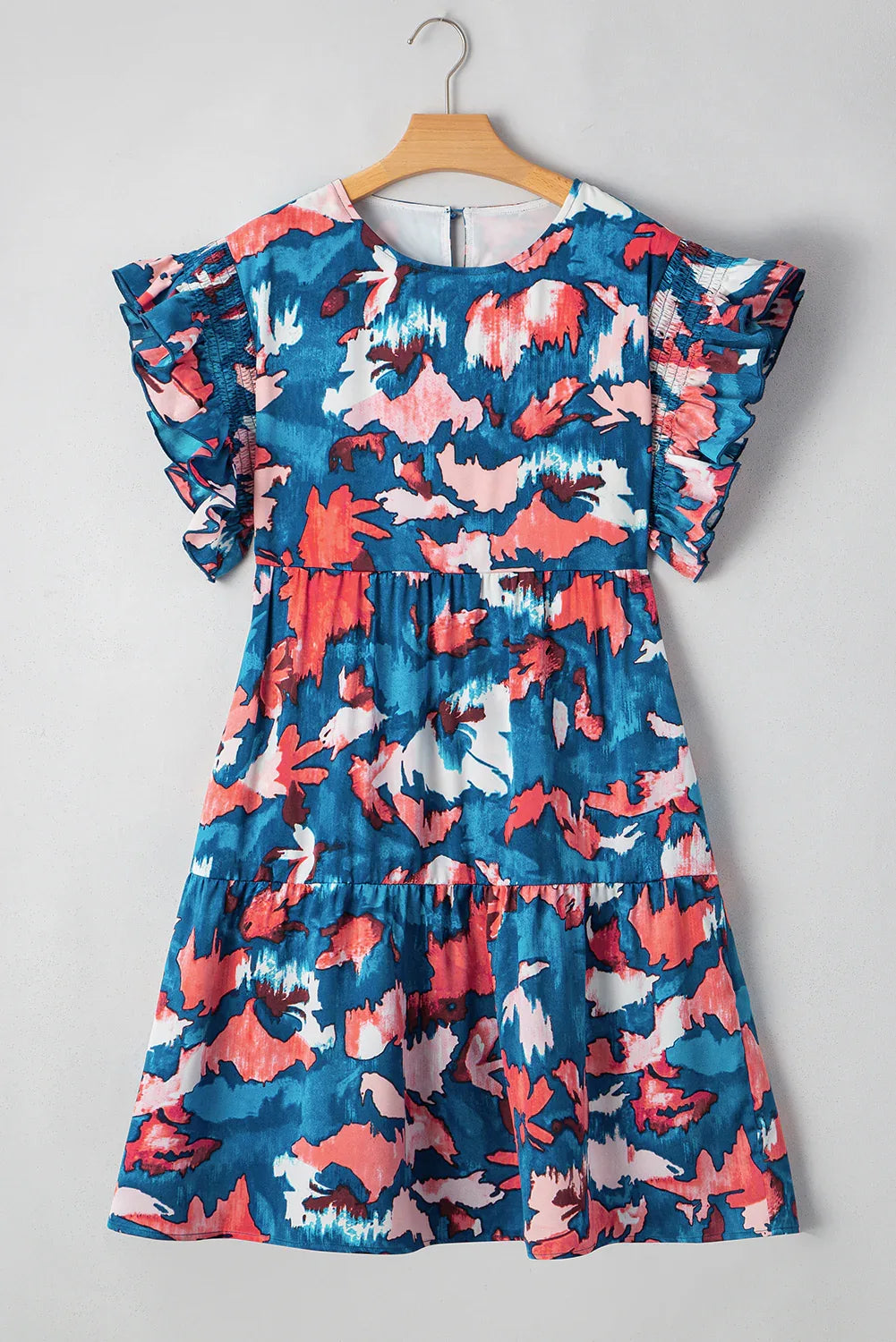Blue Abstract Print Shirred Ruffled Short Sleeve Tiered Plus Size Mini Dress - MarkoFit