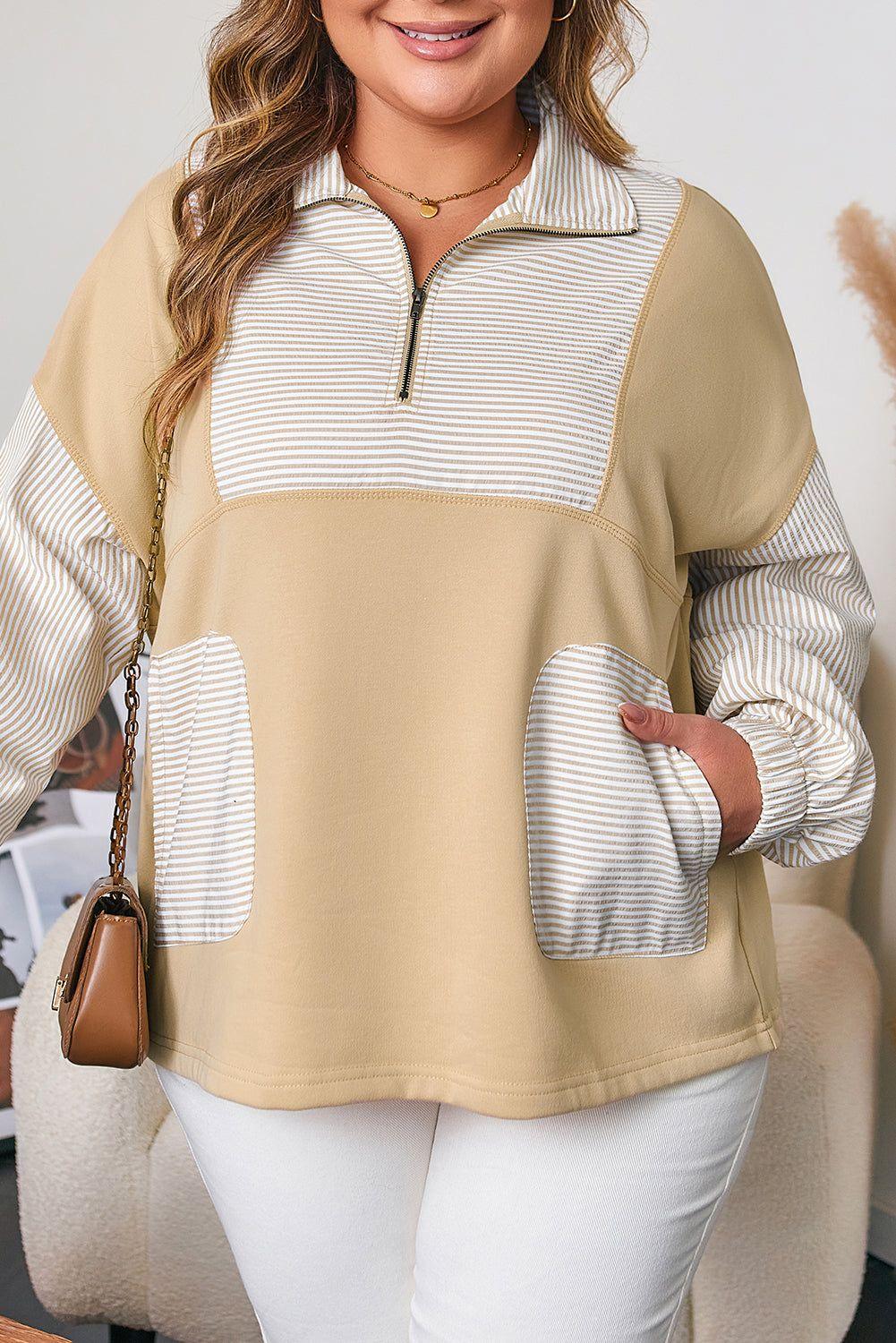 Khaki Stripe Mix Half Zip French Terry Plus Size Sweatshirt - MarkoFit