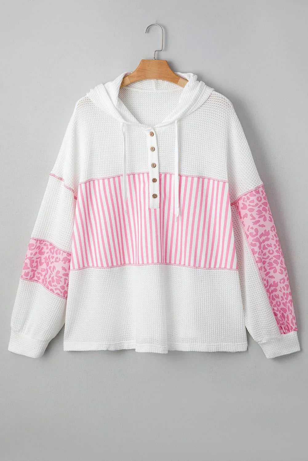 Pink Stripe Leopard Patchwork Waffle Knit Buttoned Plus Size Hoodie - MarkoFit