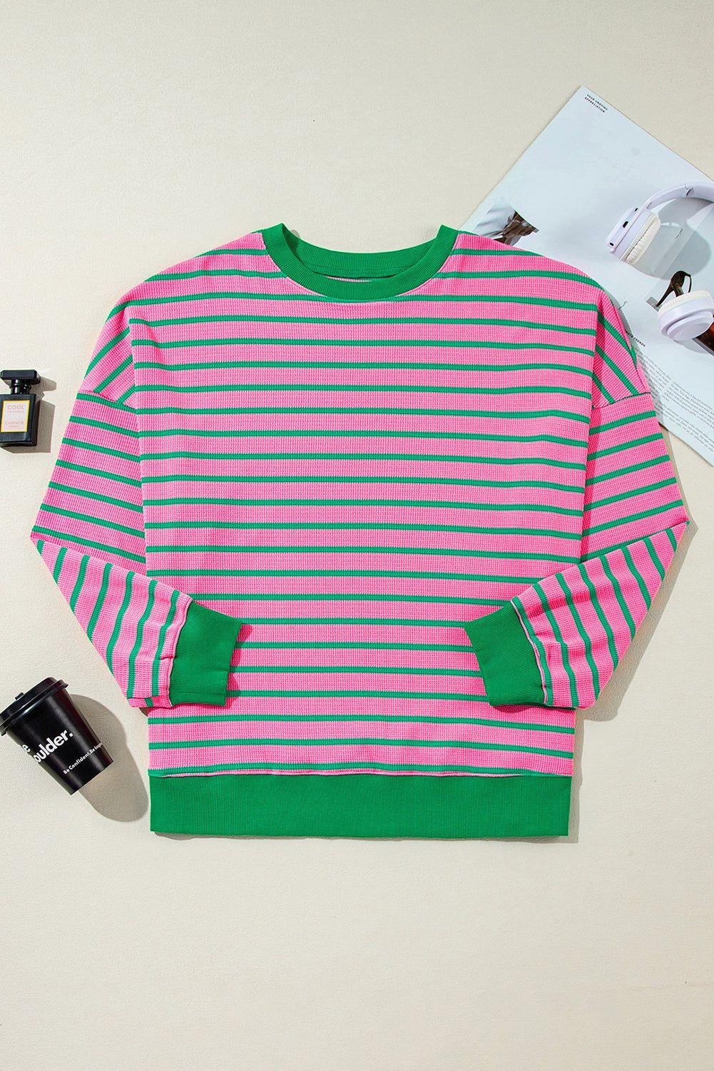 Pink Stripe Waffle Knit Crew Neck Plus Size Sweatshirt - MarkoFit