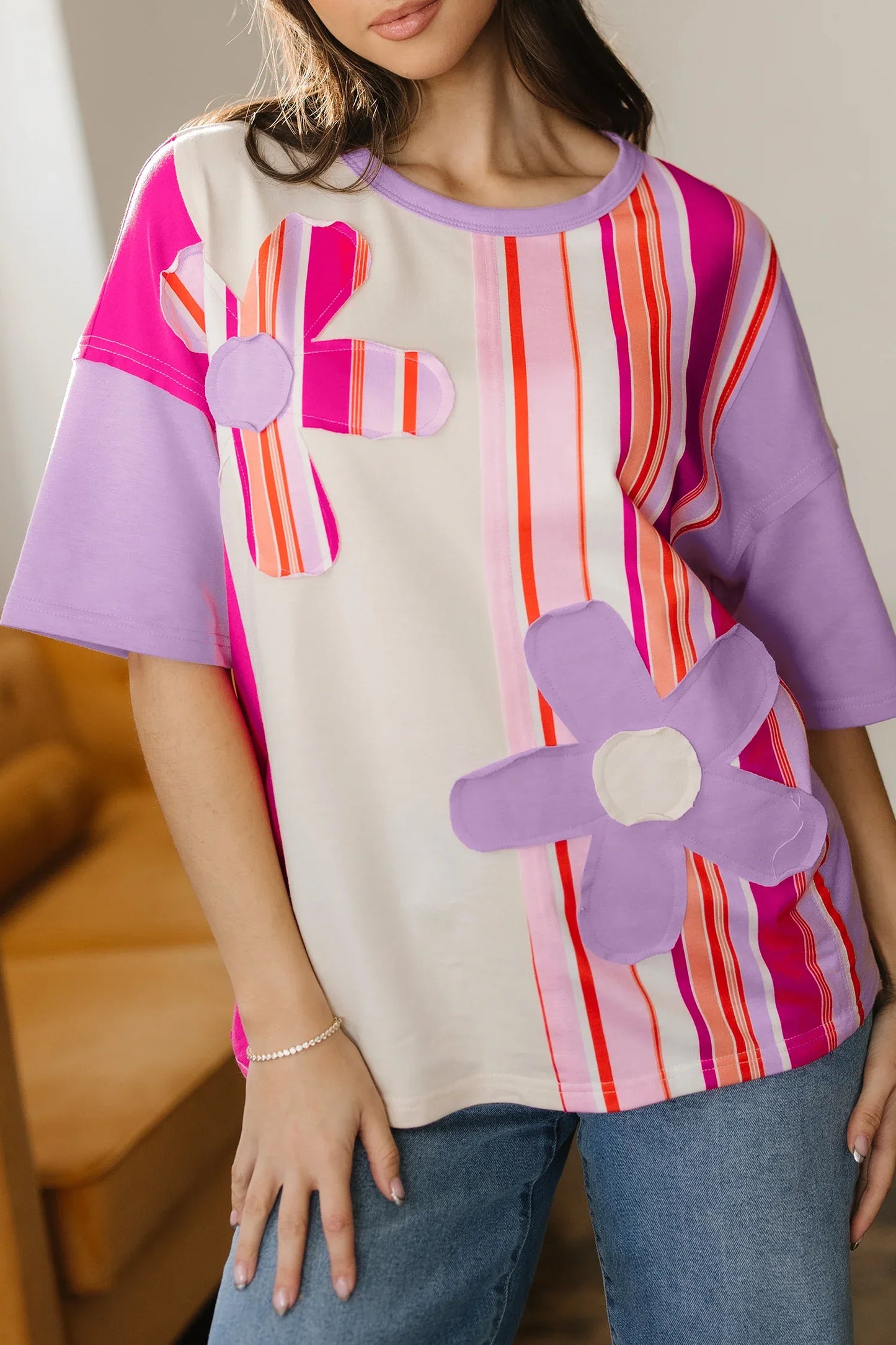 Pink Striped Color Block Flower Patched Half Sleeve Loose Top - MarkoFit