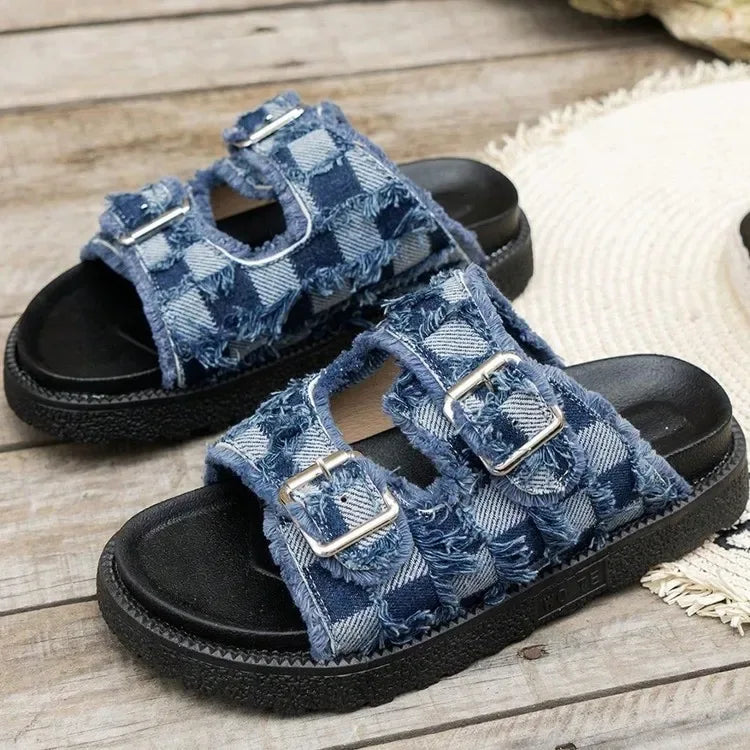 Raw Edge Checkered Cloth Buckle Sandals - MarkoFit
