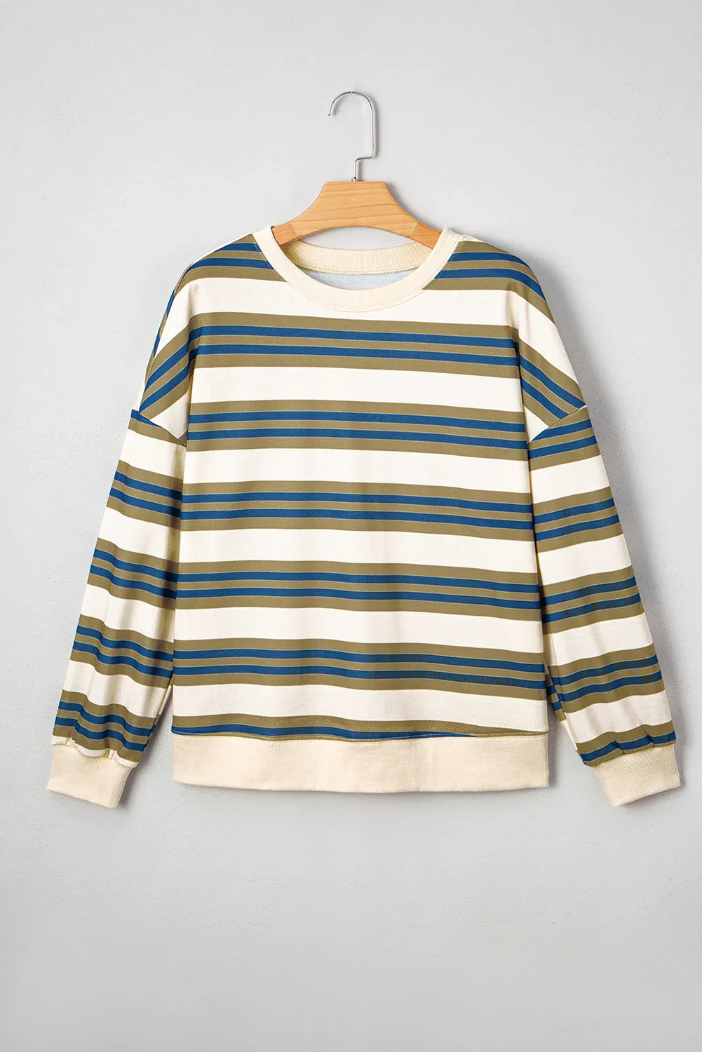 Khaki Stripe Crew Neck Drop Shoulder Pullover Sweatshirt - MarkoFit
