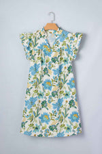 Beige Floral Print V Neck Triple Ruffle Short Sleeve Shift Mini Dress