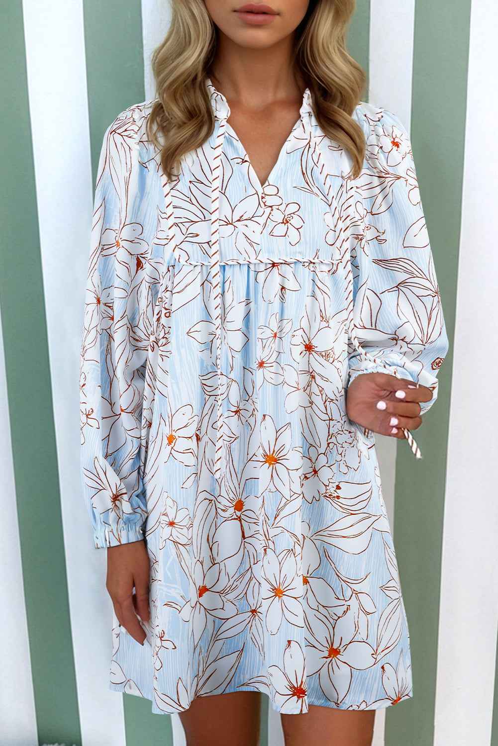 Brown Floral Print Tie Neck 3/4 Sleeve Mini Dress