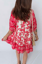 Red Collared V Neck Half Sleeve Loose Flower Mini Dress