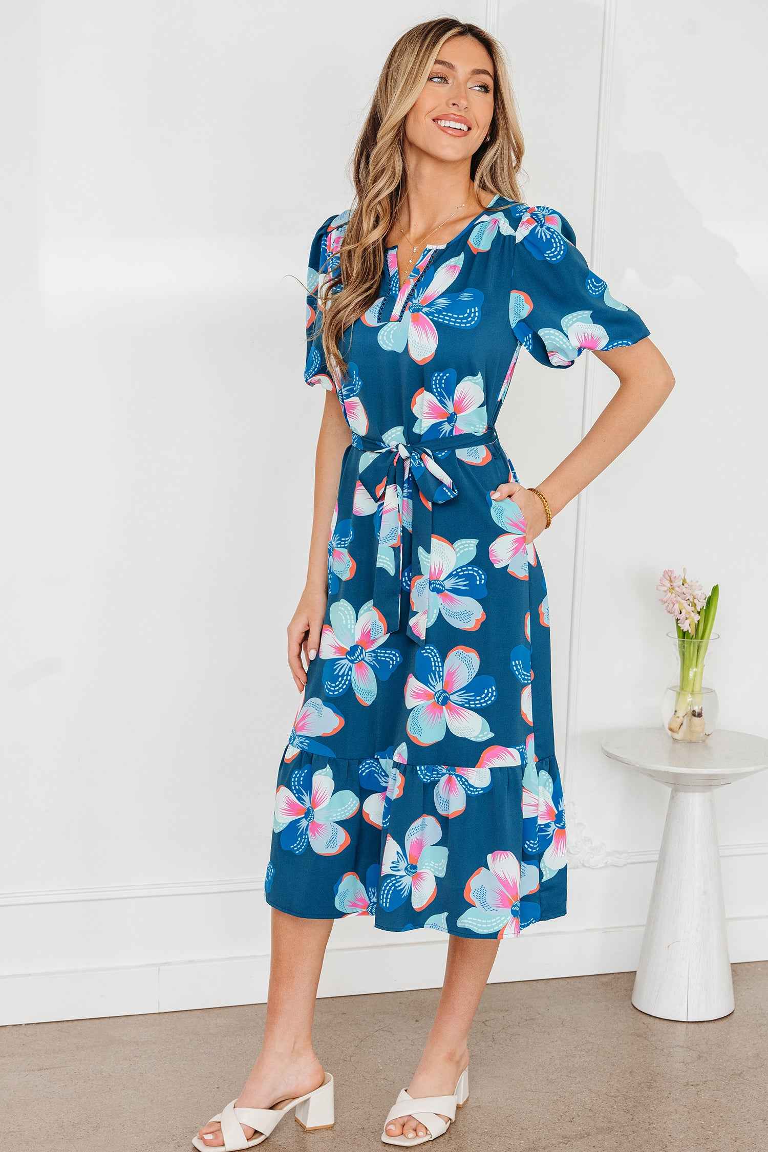 Blue Floral Print Short Puff Sleeve Ruffle Hem Belted Long Dress