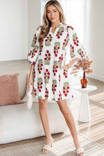 White Floral Print V Neck 3/4 Sleeve Loose Mini Dress