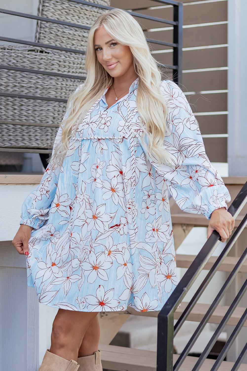 Brown Floral Print Tie Neck 3/4 Sleeve Mini Dress