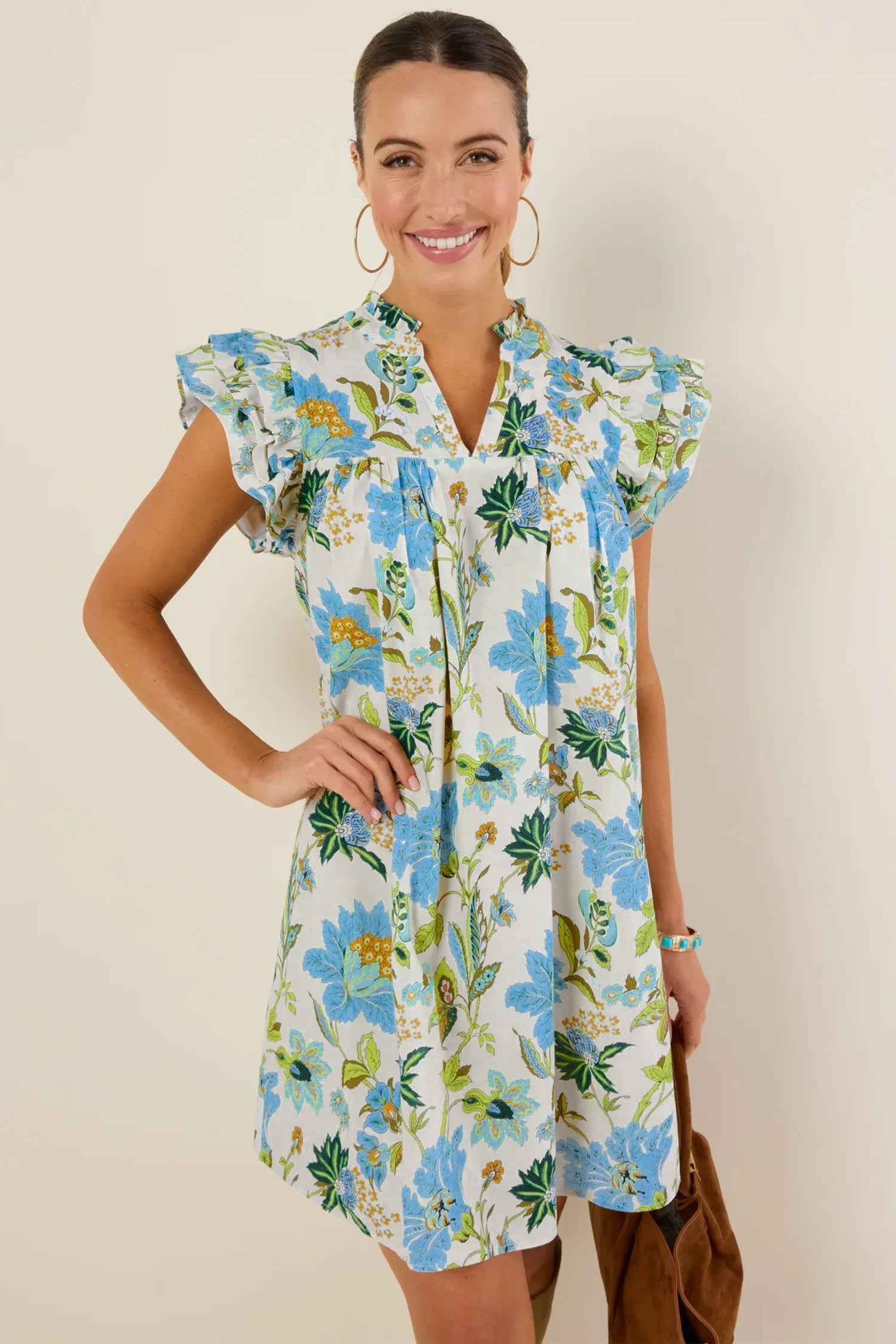 Beige Floral Print V Neck Triple Ruffle Short Sleeve Shift Mini Dress