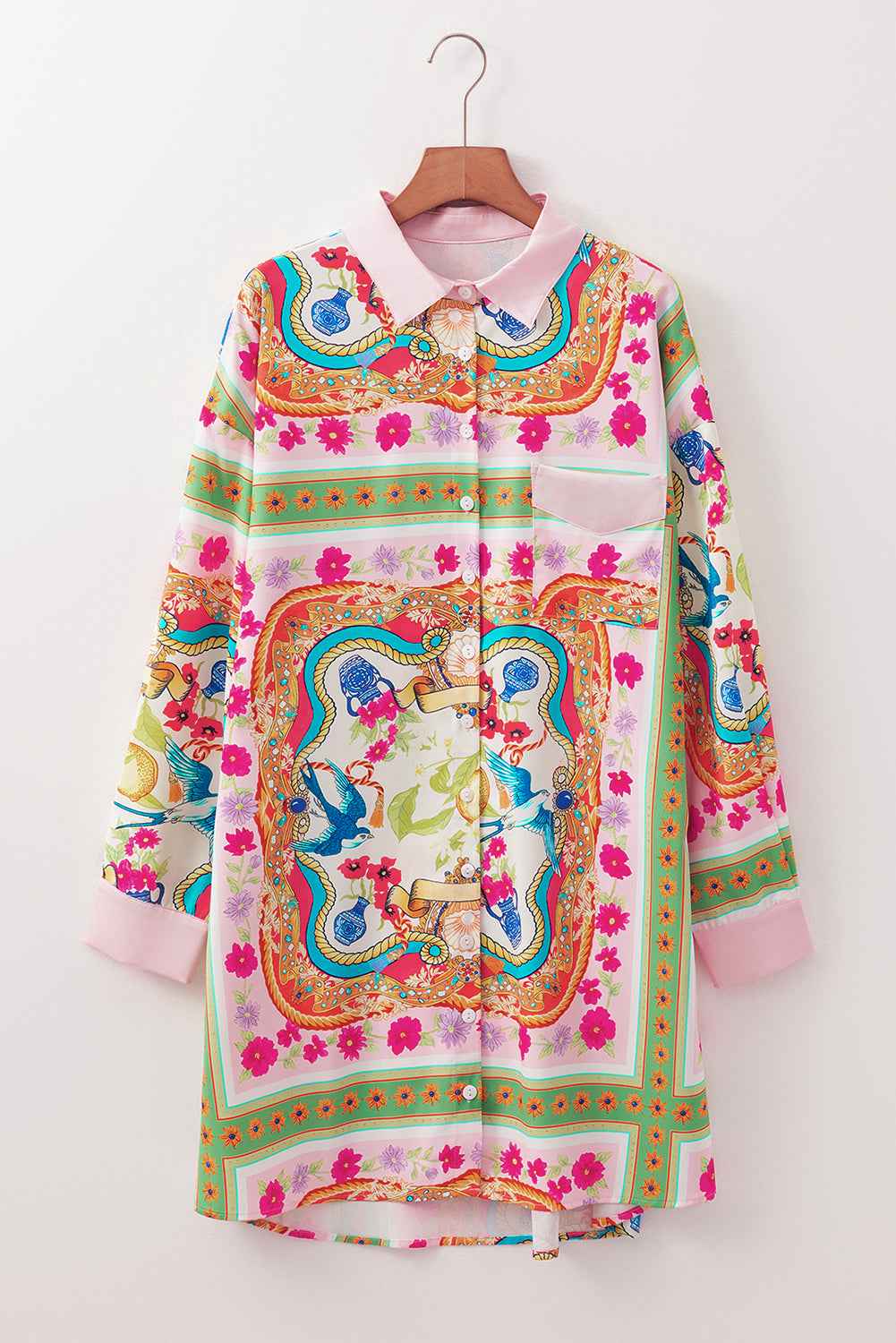 Multicolour Boho Floral Print Buttoned Long Sleeve Shirt Dress