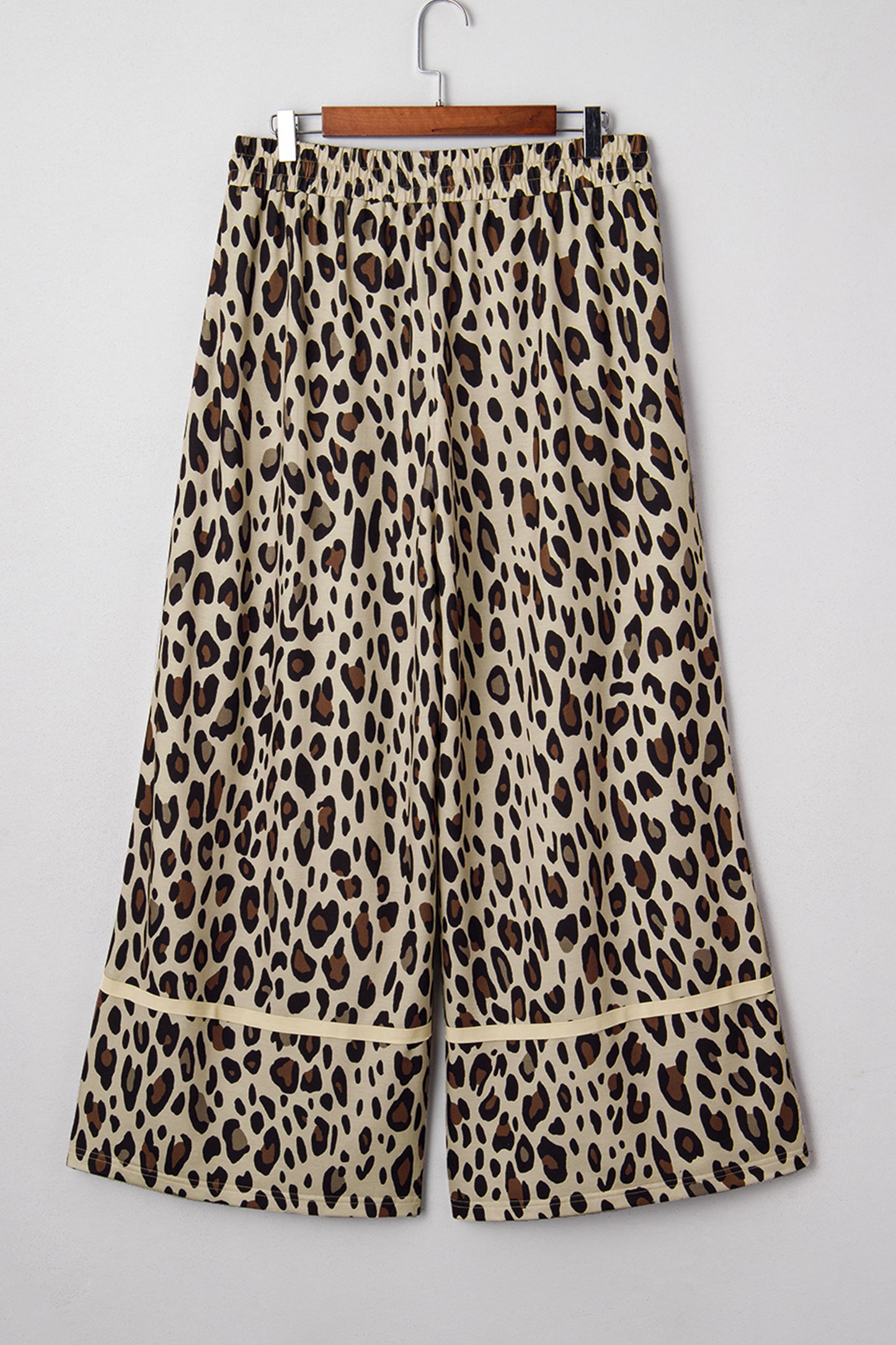 Khaki Exposed Seam Patched Pocket Plus Size Drawstring Leopard Wide Leg Pants - MarkoFit