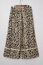Khaki Exposed Seam Patched Pocket Plus Size Drawstring Leopard Wide Leg Pants - MarkoFit