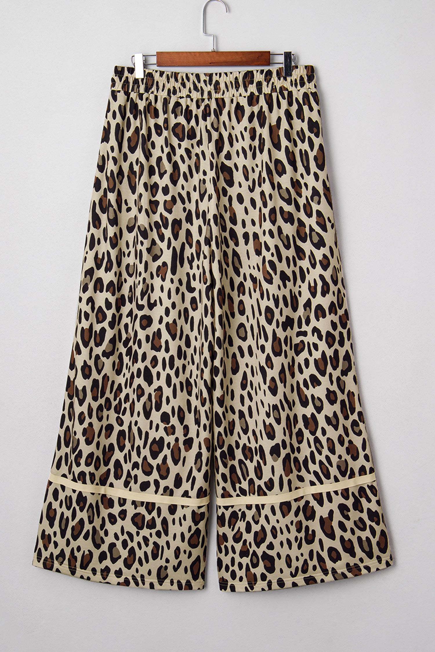 Khaki Exposed Seam Patched Pocket Plus Size Drawstring Leopard Wide Leg Pants - MarkoFit