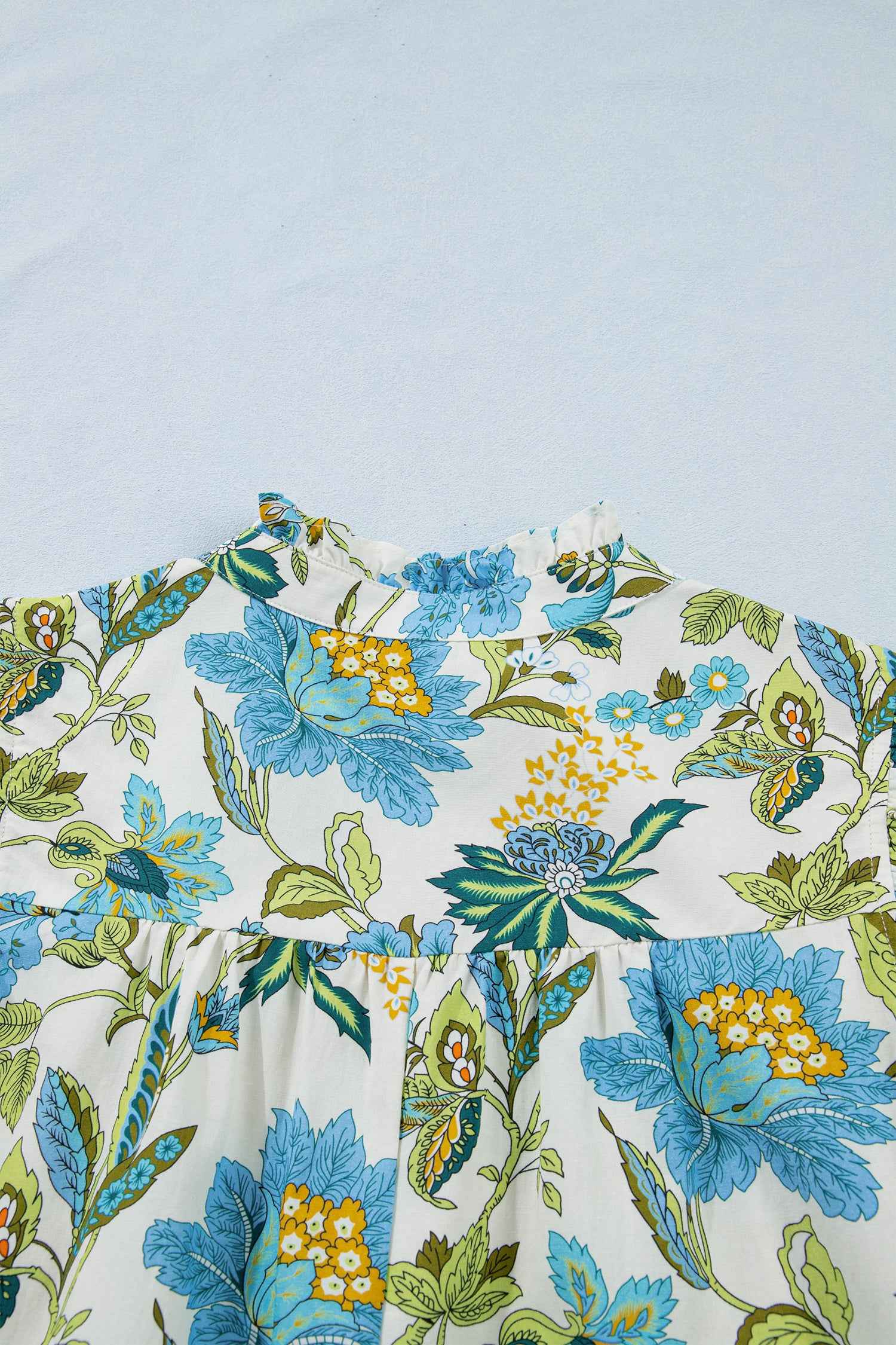 Beige Floral Print V Neck Triple Ruffle Short Sleeve Shift Mini Dress