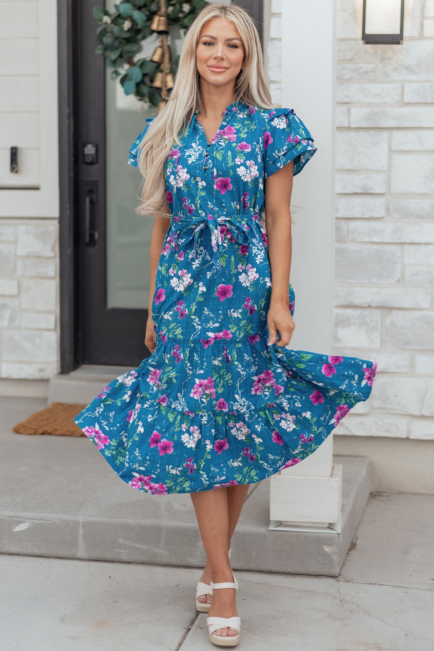 Blue Floral Flutter Sleeve Button Tie Split Neck Belted Long Dress - MarkoFit