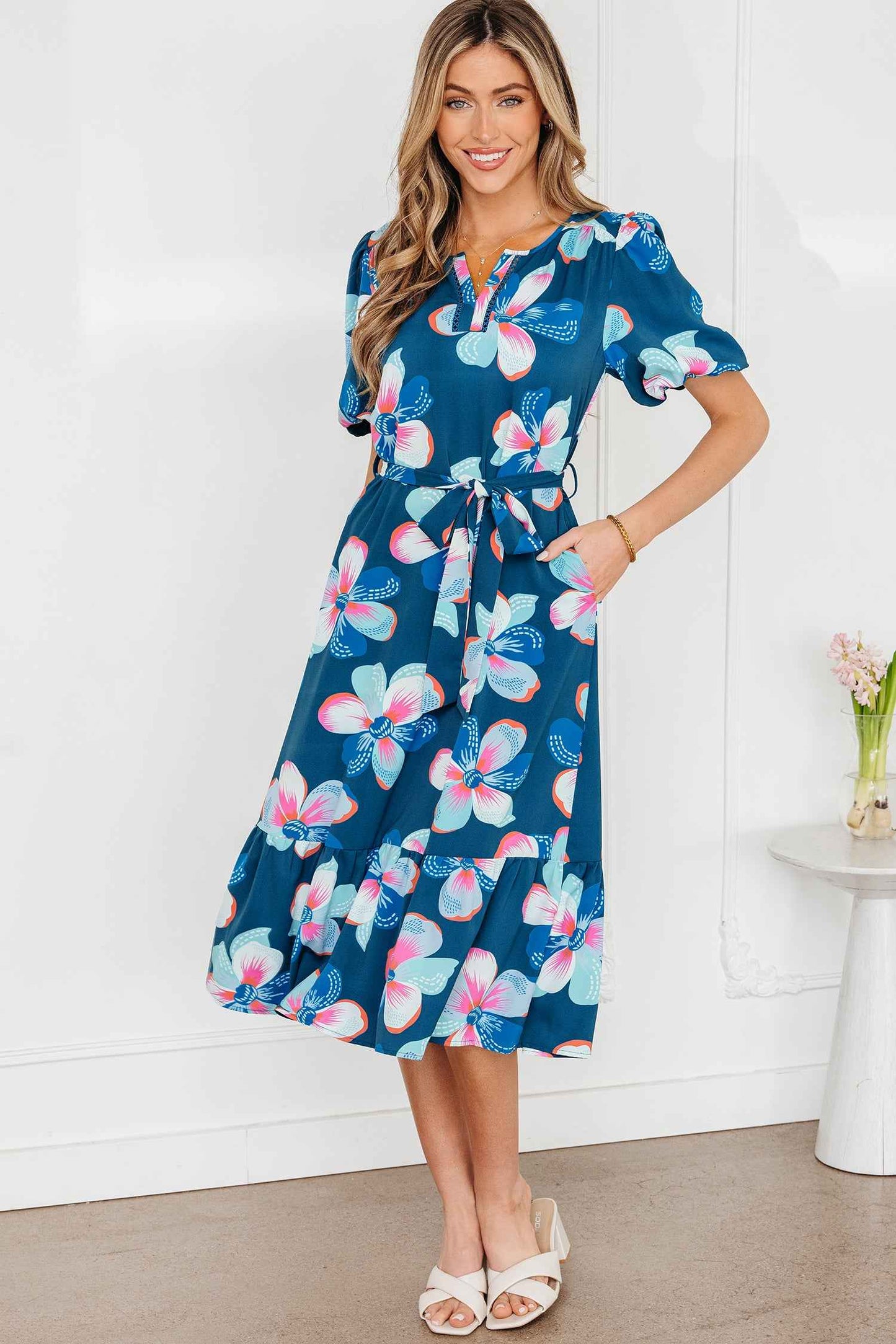Blue Floral Print Short Puff Sleeve Ruffle Hem Belted Long Dress