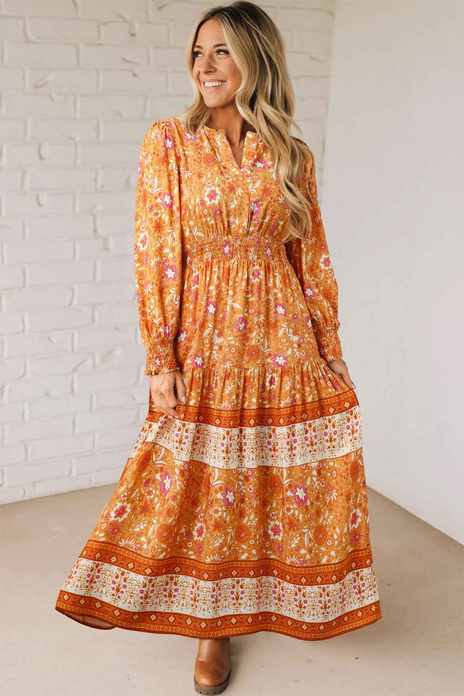 Orange Floral Print Smocked Waist Long Sleeve Boho Maxi Dress
