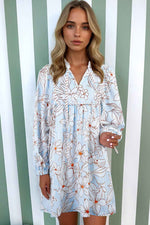 Brown Floral Print Tie Neck 3/4 Sleeve Mini Dress