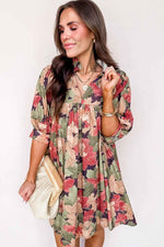 Green Floral Print Frilled Collar V Neck Half Sleeve Mini Dress