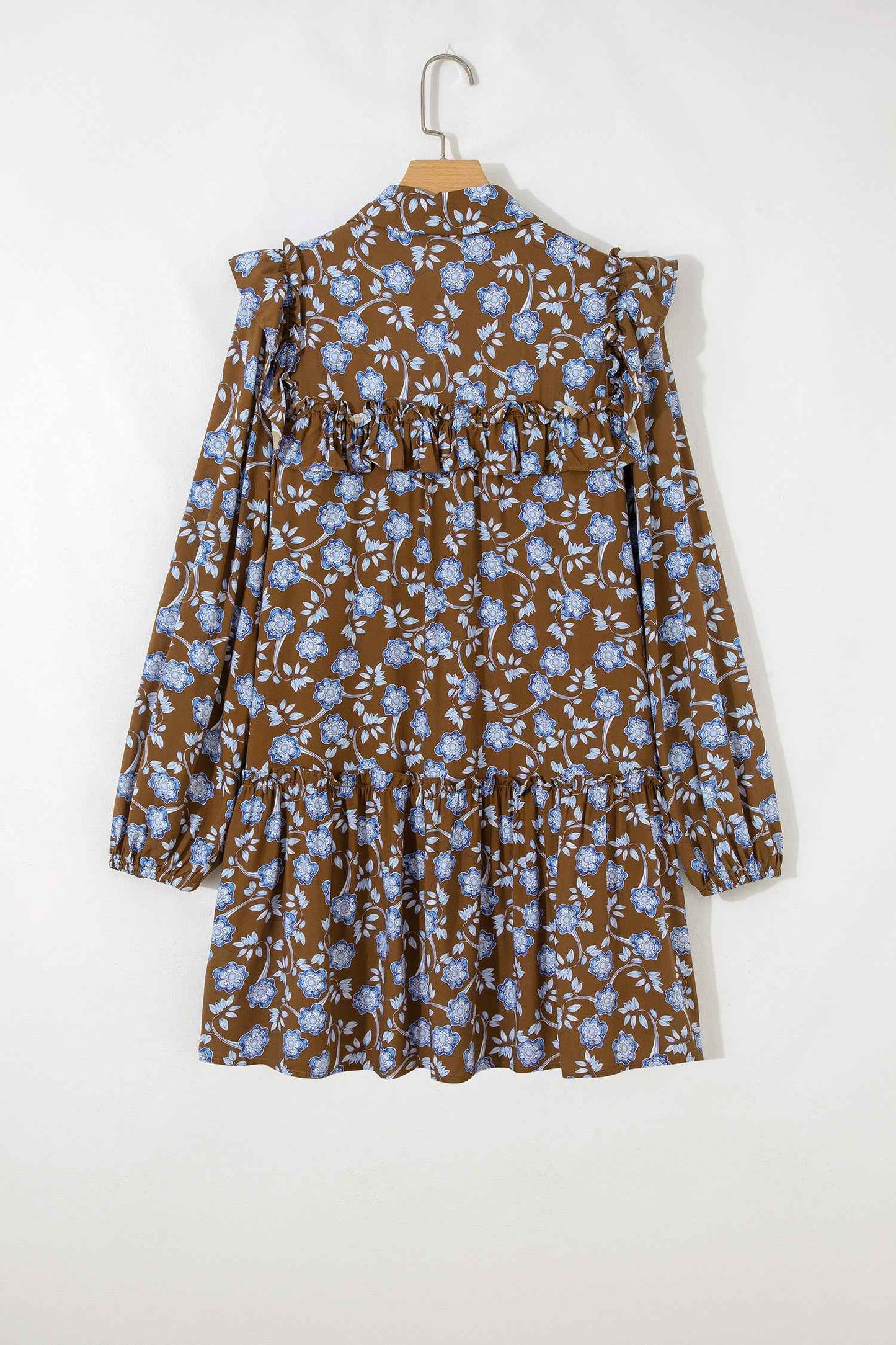 Brown Floral Print Ruffled Detail Shirt Collar Button Down Long Sleeve Dress