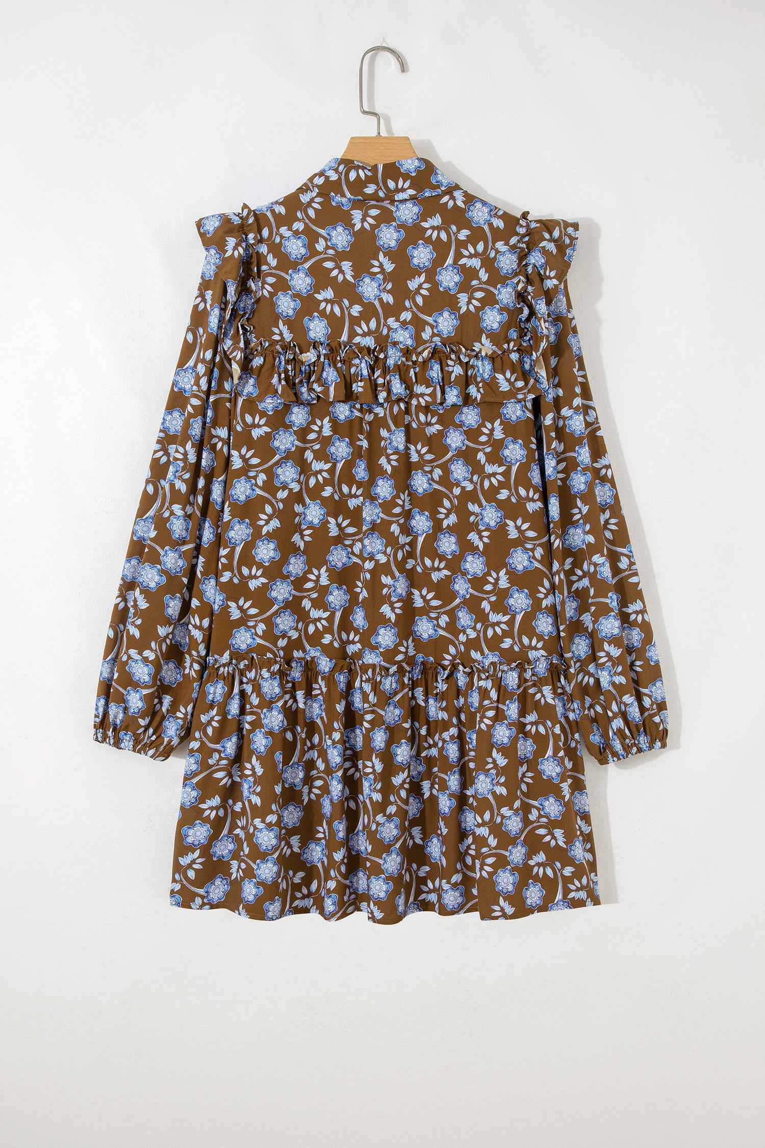 Brown Floral Print Ruffled Detail Shirt Collar Button Down Long Sleeve Dress