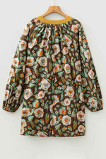 Brown Floral Print Contrast Trim V Neck Pocketed Long Sleeve Mini Dress