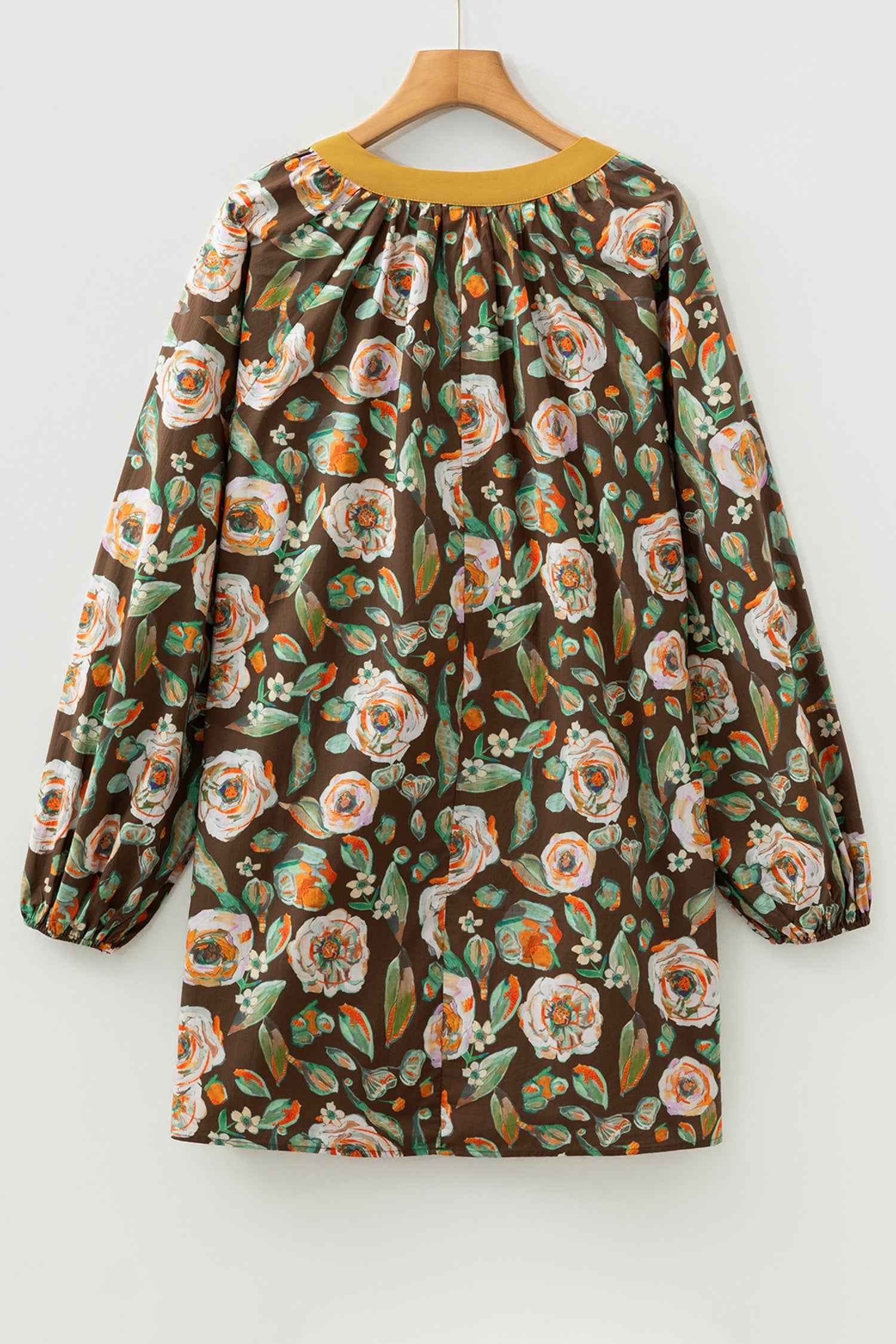 Brown Floral Print Contrast Trim V Neck Pocketed Long Sleeve Mini Dress