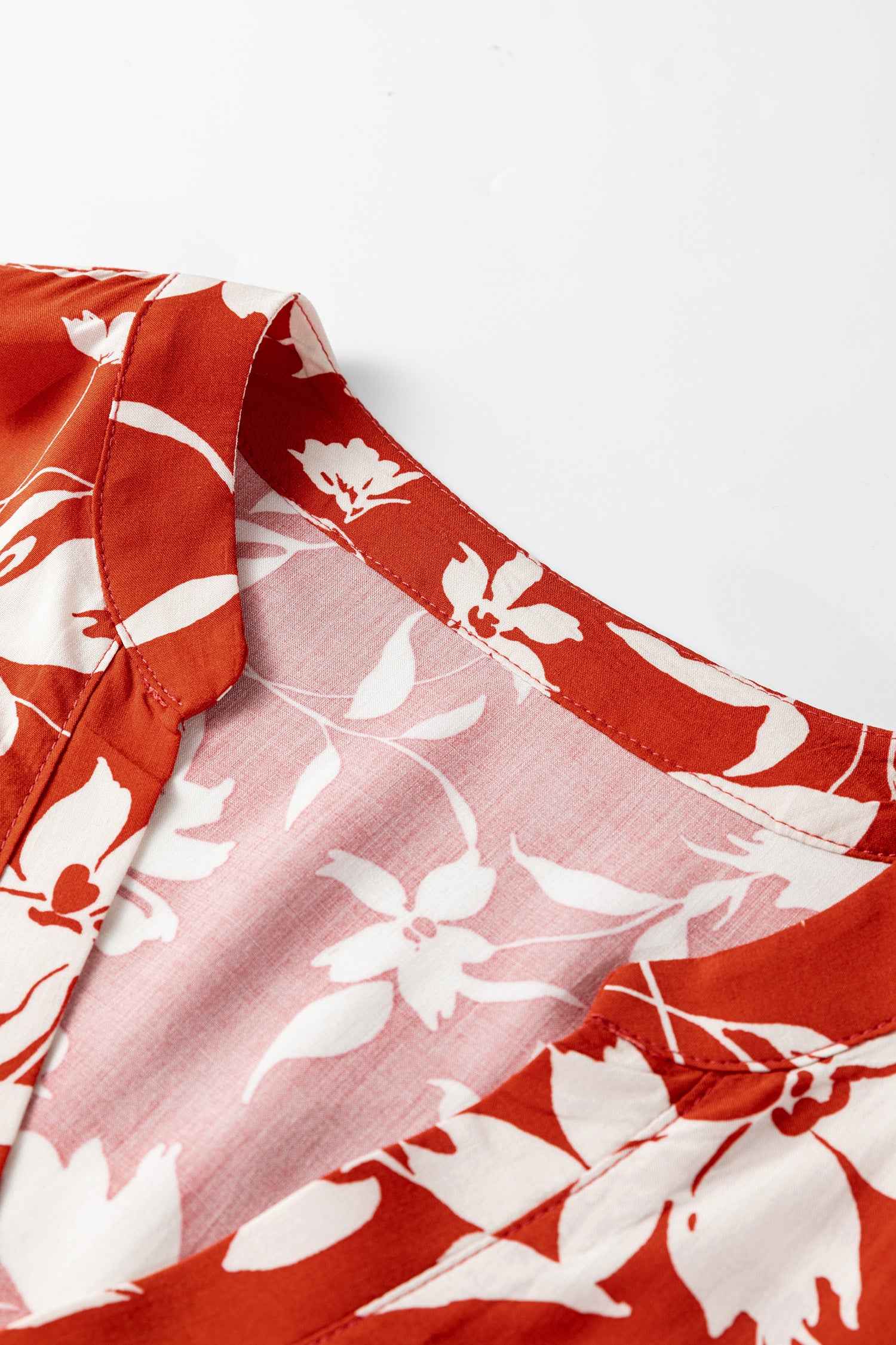 Red Boho Floral Print Lettuce Trim 3/4 Sleeve Mini Dress