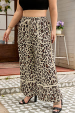 Khaki Exposed Seam Patched Pocket Plus Size Drawstring Leopard Wide Leg Pants - MarkoFit
