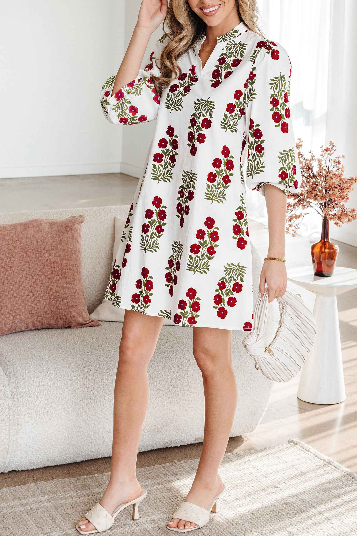White Floral Print V Neck 3/4 Sleeve Loose Mini Dress