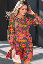 Multicolour Floral Print Long Sleeve Smocked Ruffled Mini Dress