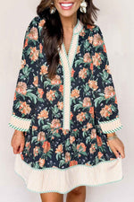 Blue Floral Print Striped Trim V Neck Long Sleeve Ruffle Hem Shift Mini Dress