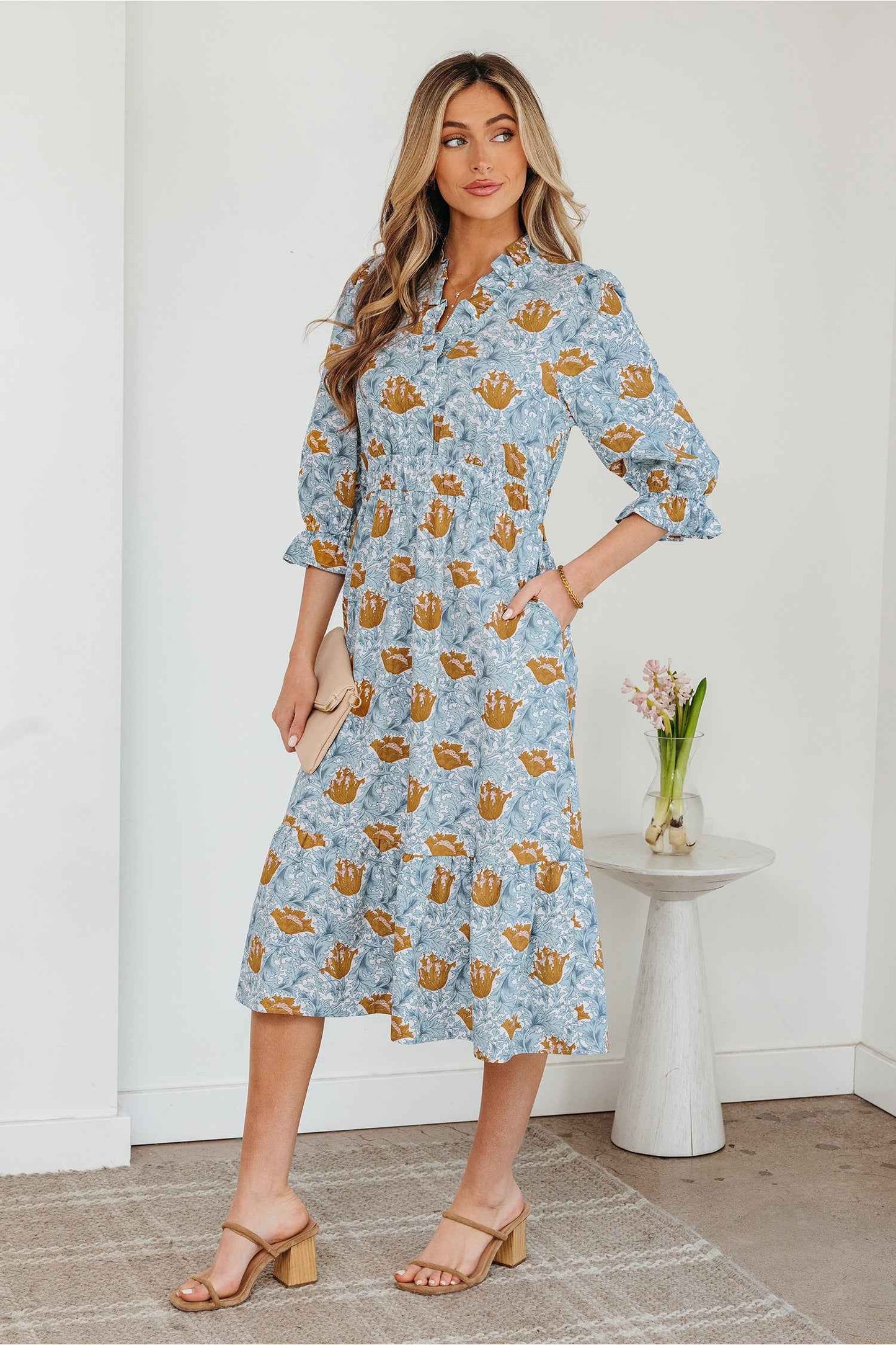 Brown Floral Printed Frilled V Neck Bracelet Sleeve Long Dress