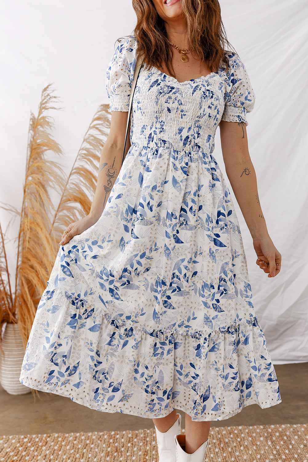 Sky Blue Smocked Bodice Short Puff Sleeve Tiered Floral Midi Dress
