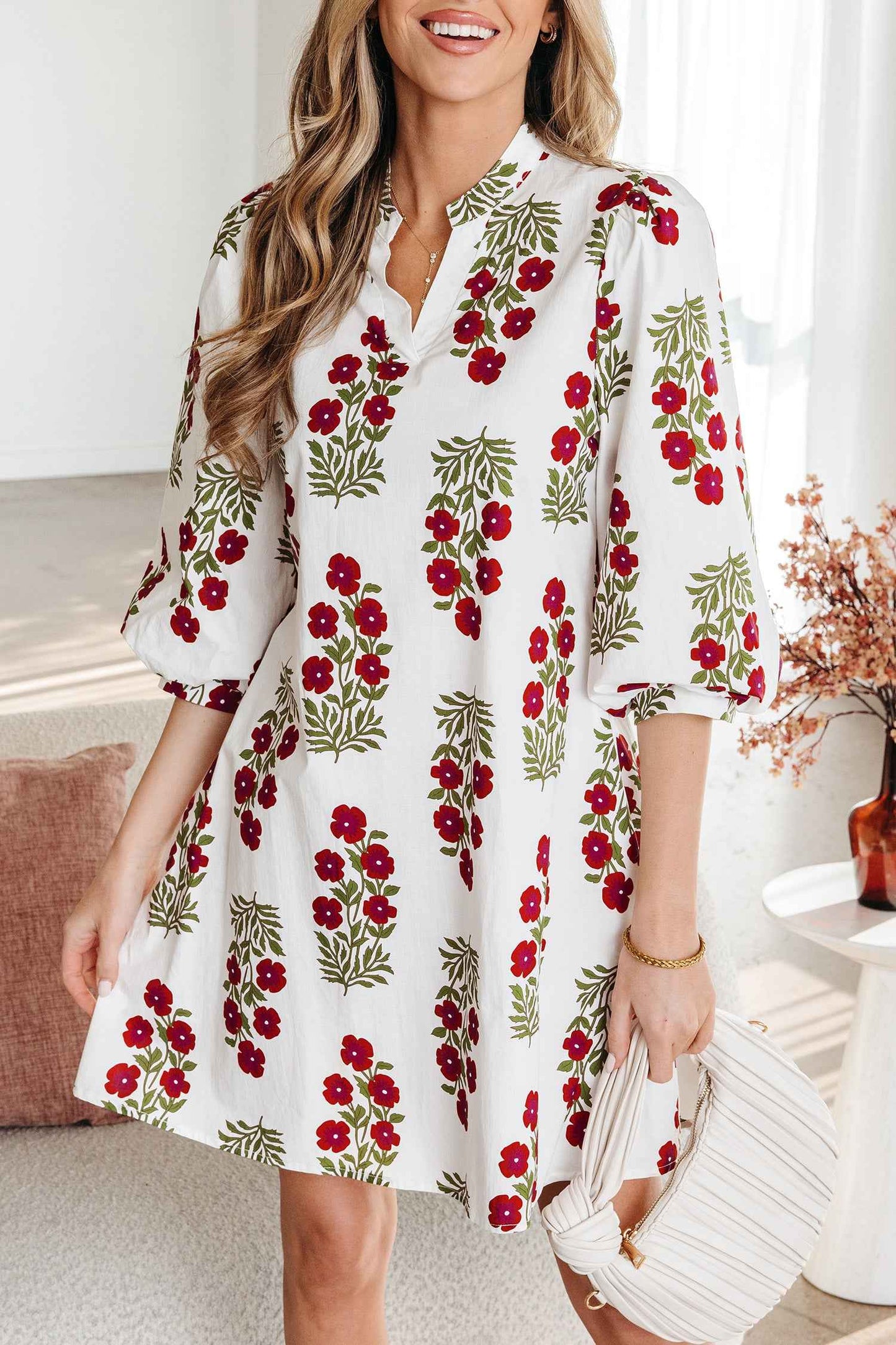 White Floral Print V Neck 3/4 Sleeve Loose Mini Dress