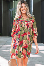 Green Floral Print Frilled Collar V Neck Half Sleeve Mini Dress