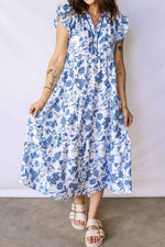 Blue Ruffled Short Sleeve Tiered Floral Midi Dress
